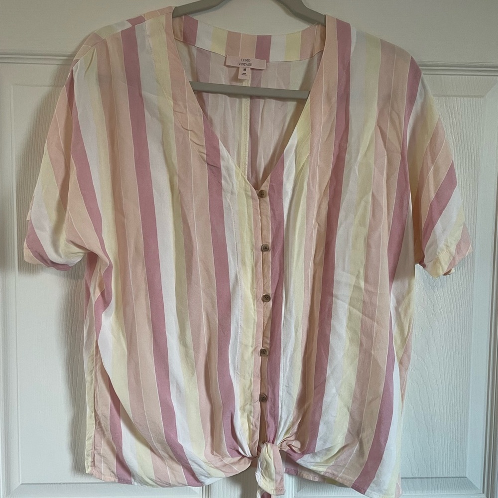 Como Vintage Tie Waist Blouse Striped Linen Blend Women's, Size Medium